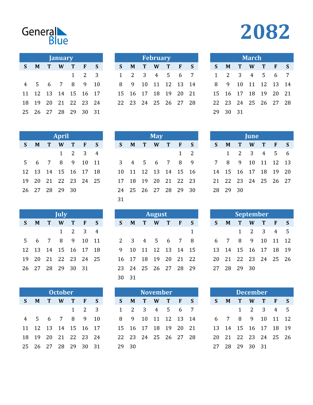 2082 Calendar (PDF, Word, Excel)