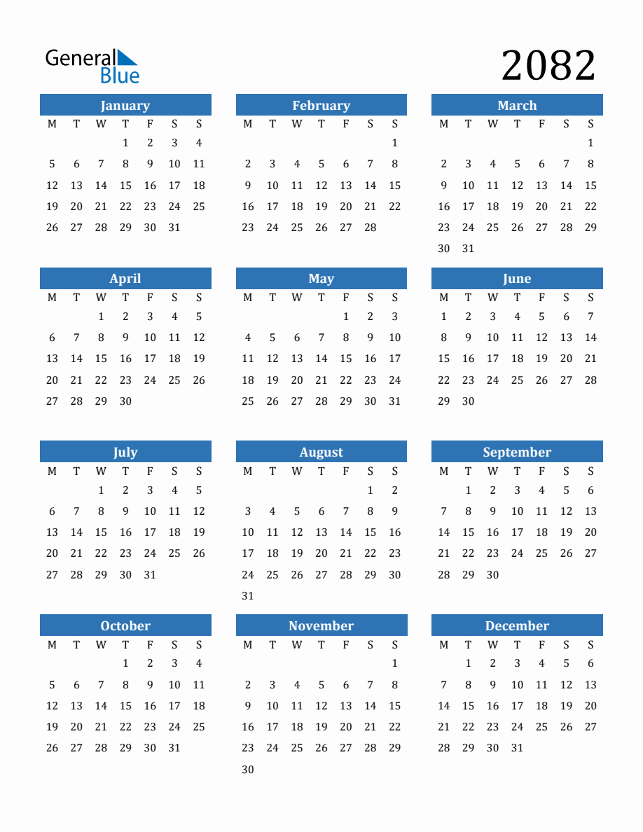 2082 Yearly Calendar