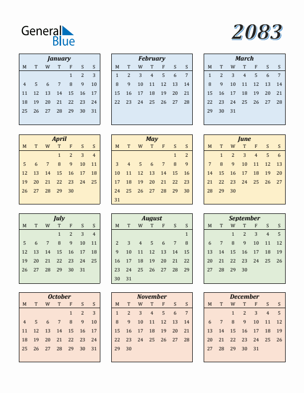 Calendar for 2083 (Monday Start)