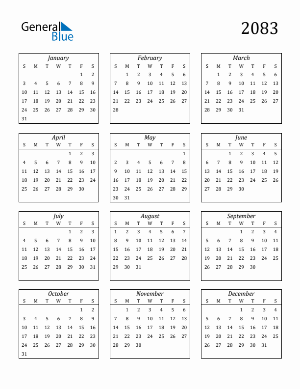 Blank Calendar 2083