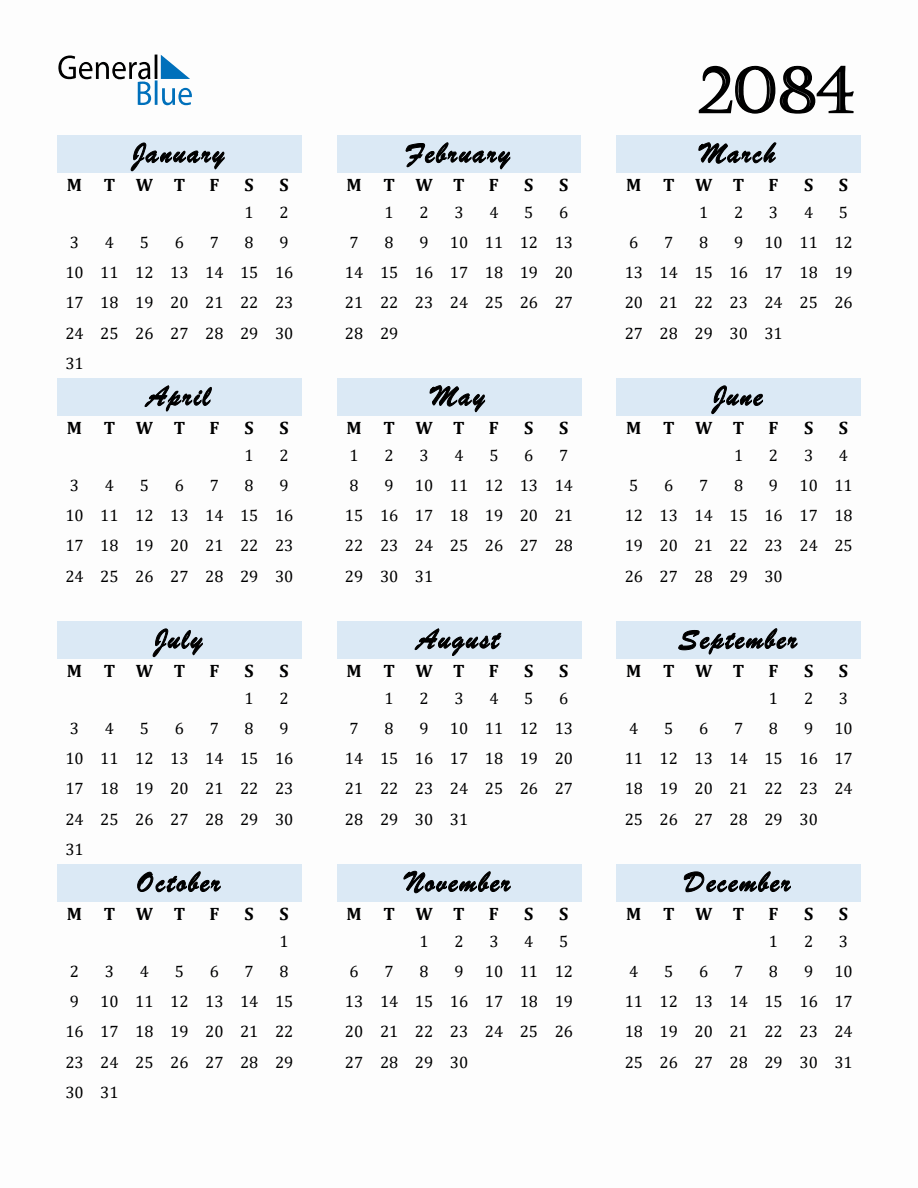 Free Downloadable Calendar for Year 2084