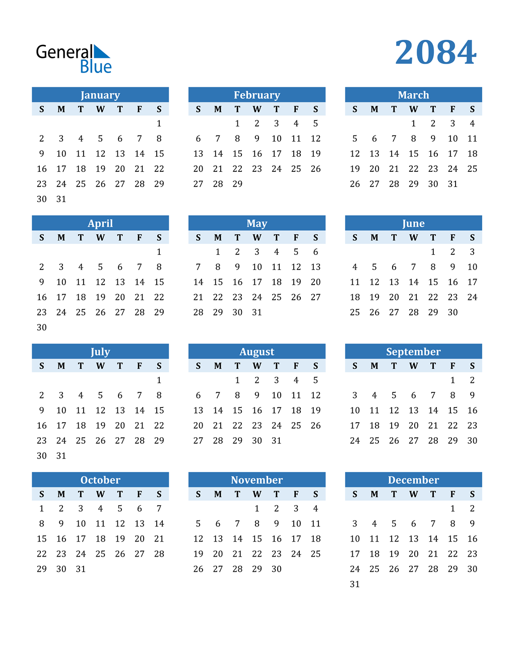 2084 Calendar Pdf Word Excel