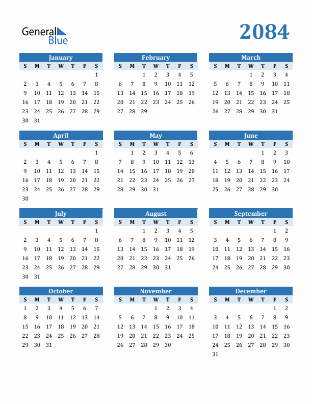 2084 Year Calendar with Sunday Start