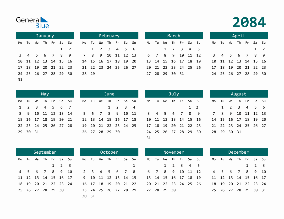 2084 Full-Year Calendar