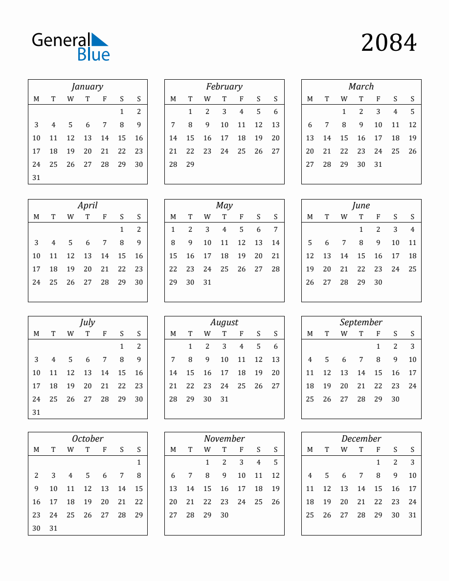 2084 Blank Yearly Calendar Printable