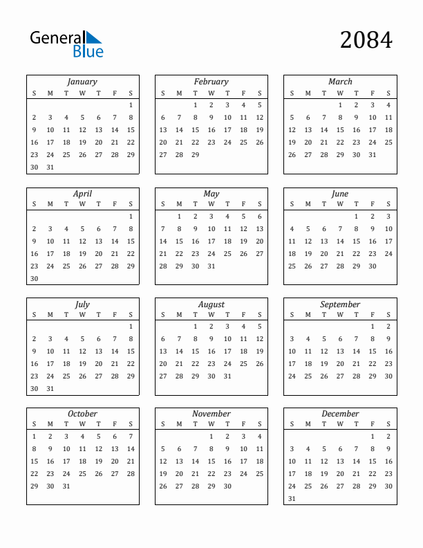 Blank Calendar 2084