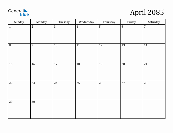 April 2085 Calendar