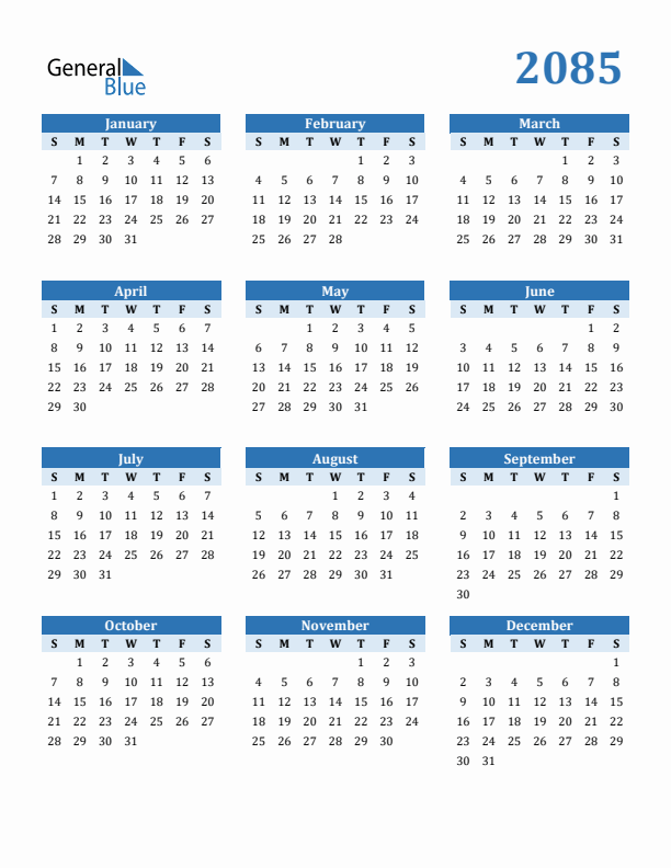 2085 Year Calendar with Sunday Start