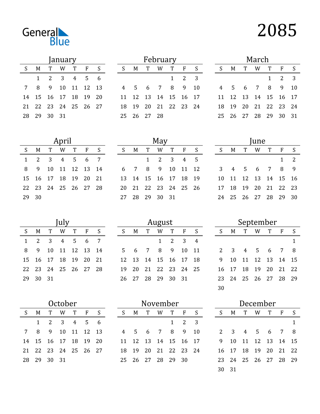 2085 Calendar (PDF, Word, Excel)