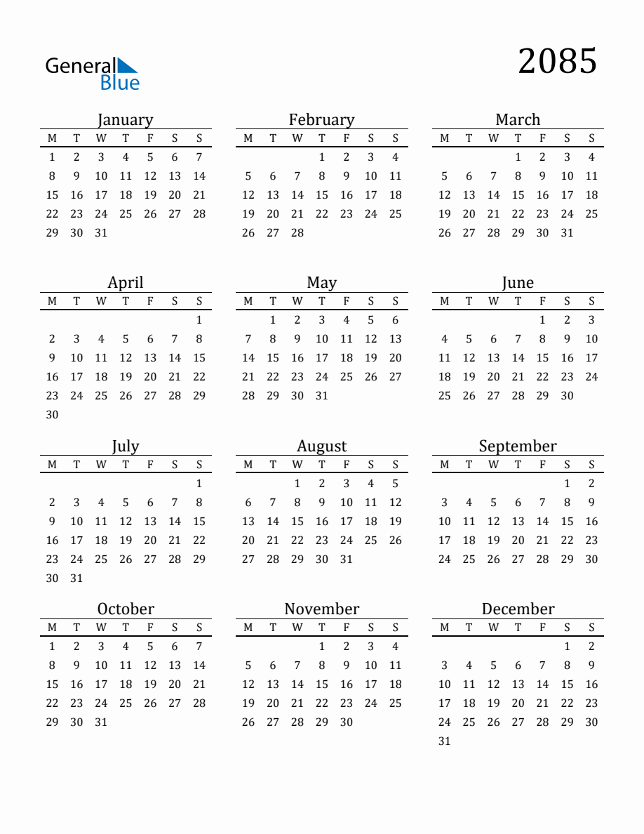 Year 2085 Free Printable 12-month Calendar