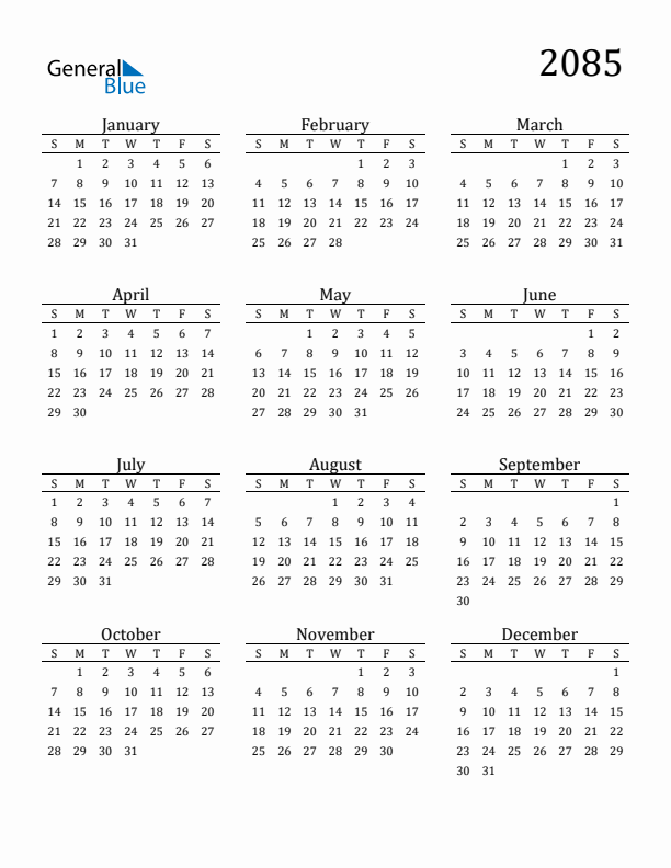 Free Printable Calendar 2085 with Sunday Start
