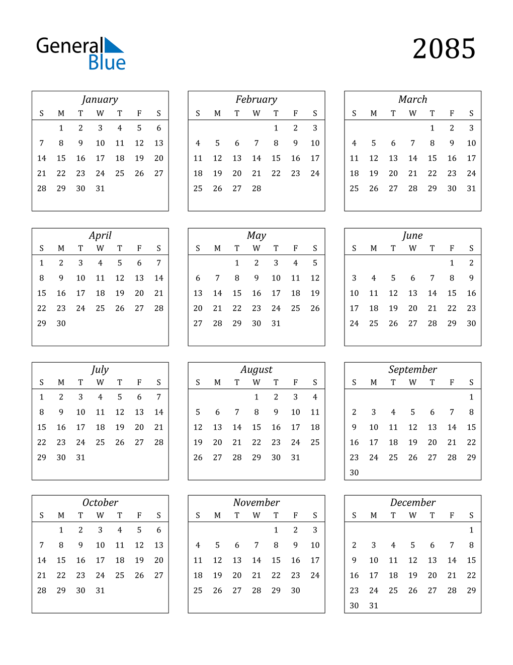 2085 Calendar (PDF, Word, Excel)