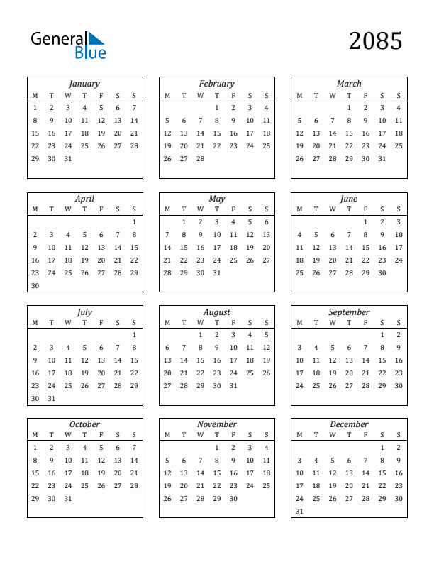 Blank Calendar 2085