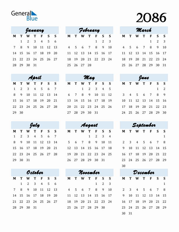 2086 Yearly Calendar Templates With Monday Start