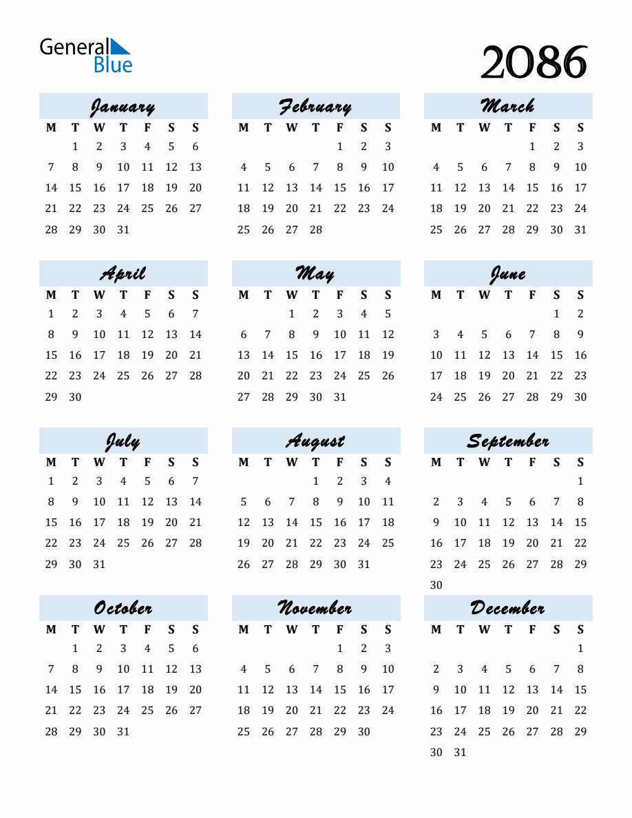 Free Downloadable Calendar for Year 2086