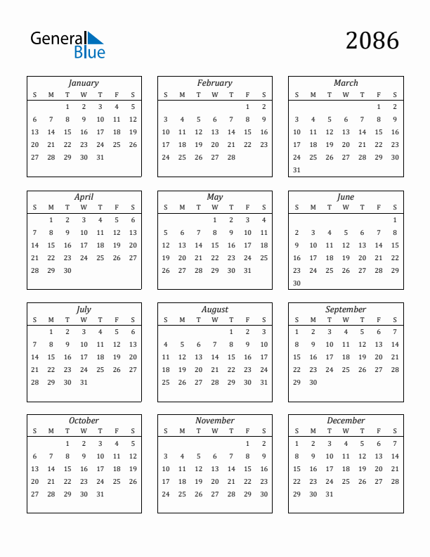 Blank Calendar 2086