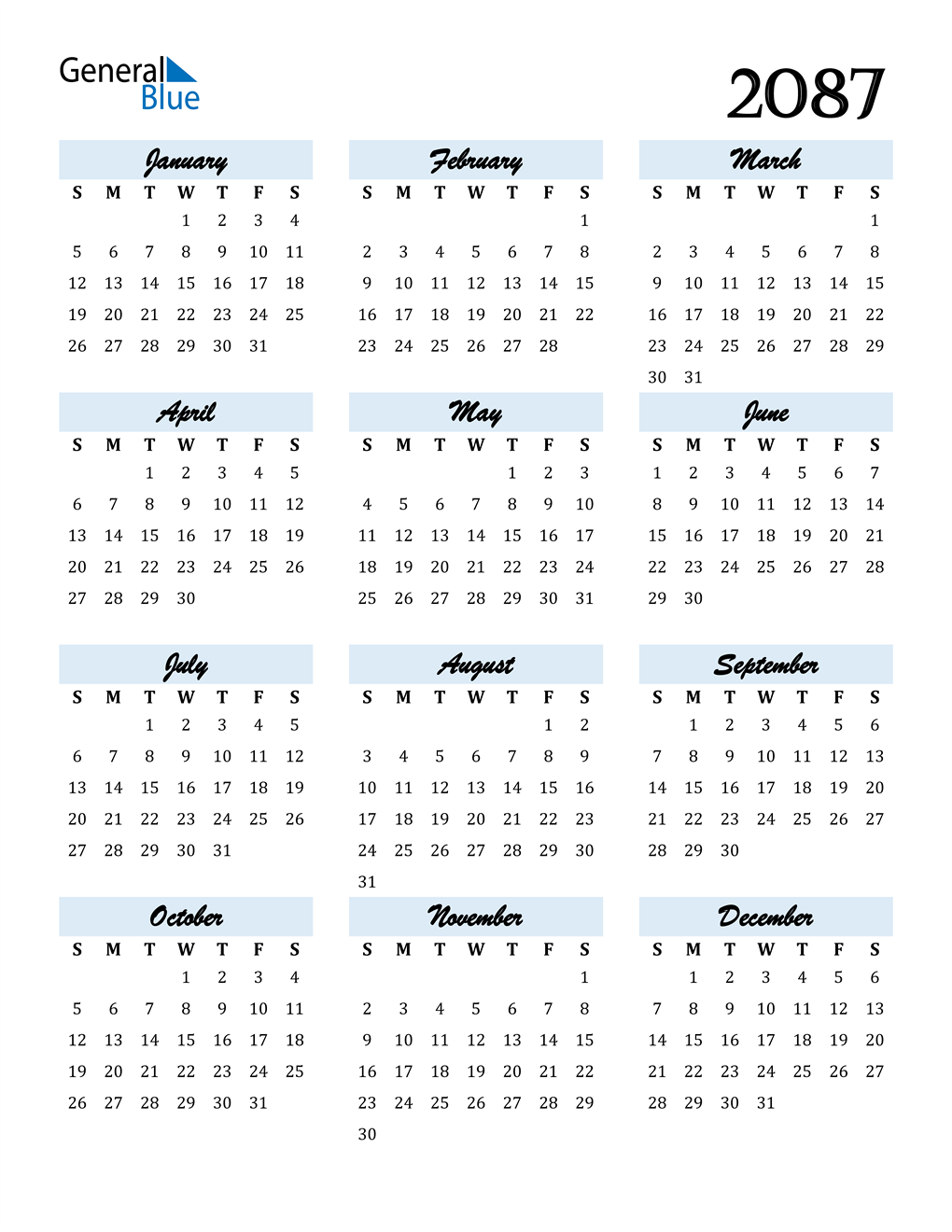 2087 Calendar (PDF, Word, Excel)