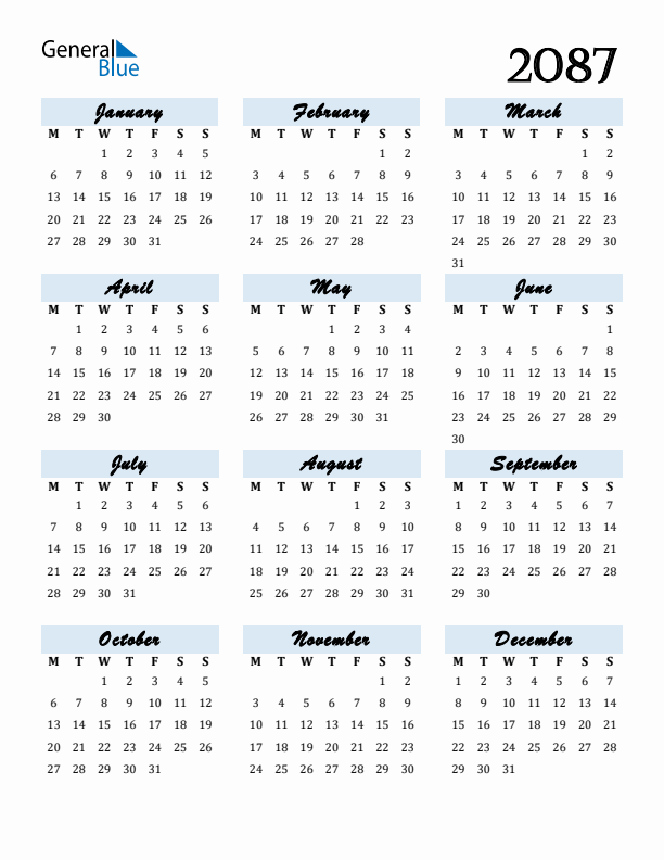Calendar 2087 Free Download and Print