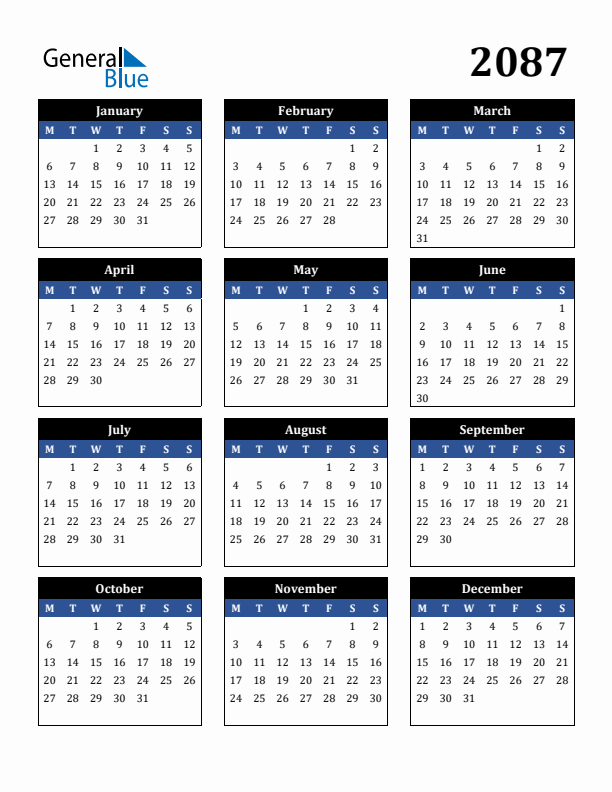 Editable Calendar 2087 - Monday Start