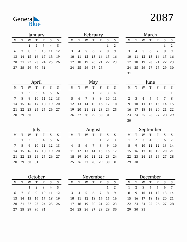 Free Printable Calendar 2087 with Monday Start