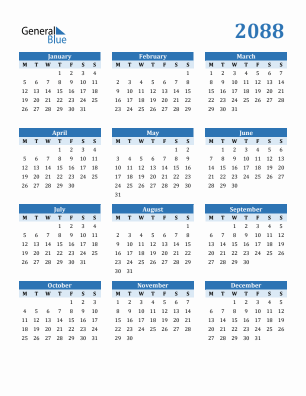 2088 Year Calendar with Monday Start