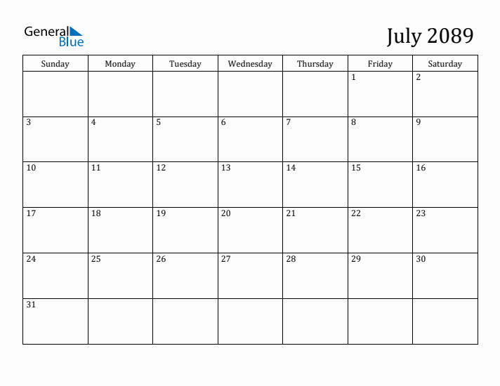 July 2089 Calendar