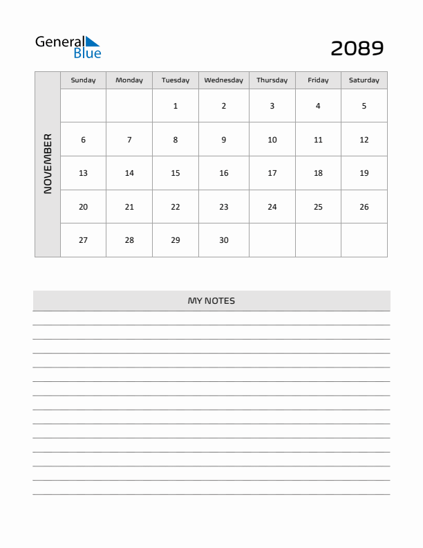 November 2089 Calendar Printable