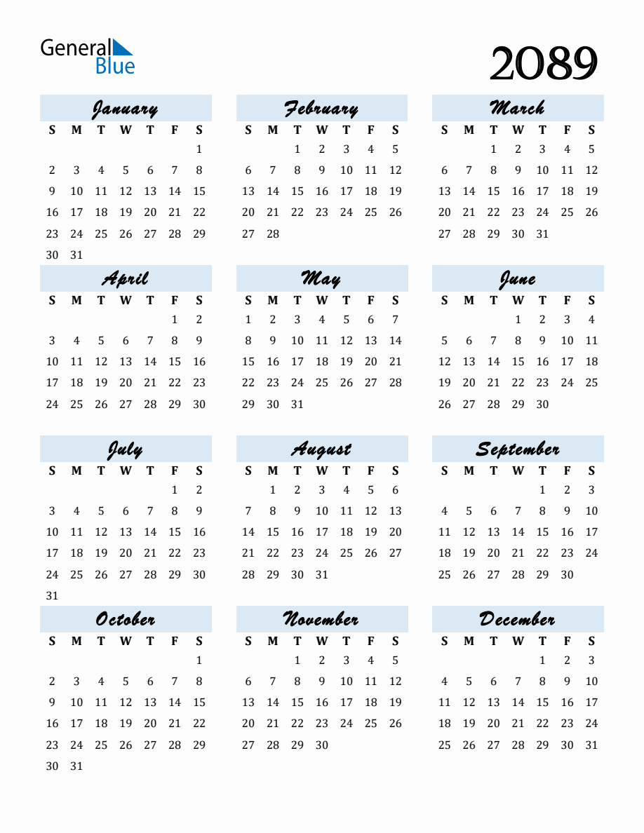 Free Downloadable Calendar for Year 2089