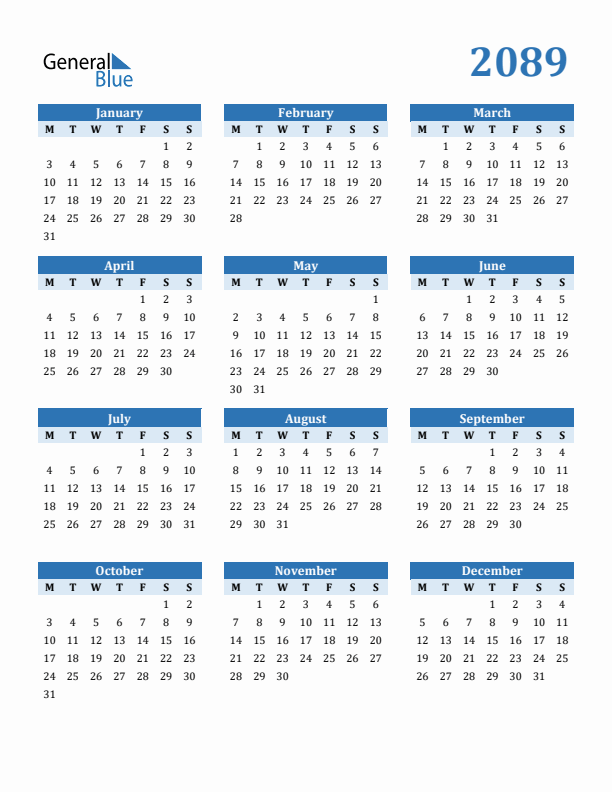 Free 2089 Year Calendar in PDF, Word, and Excel