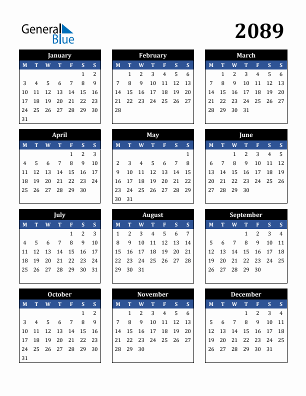 Editable Calendar 2089 - Monday Start