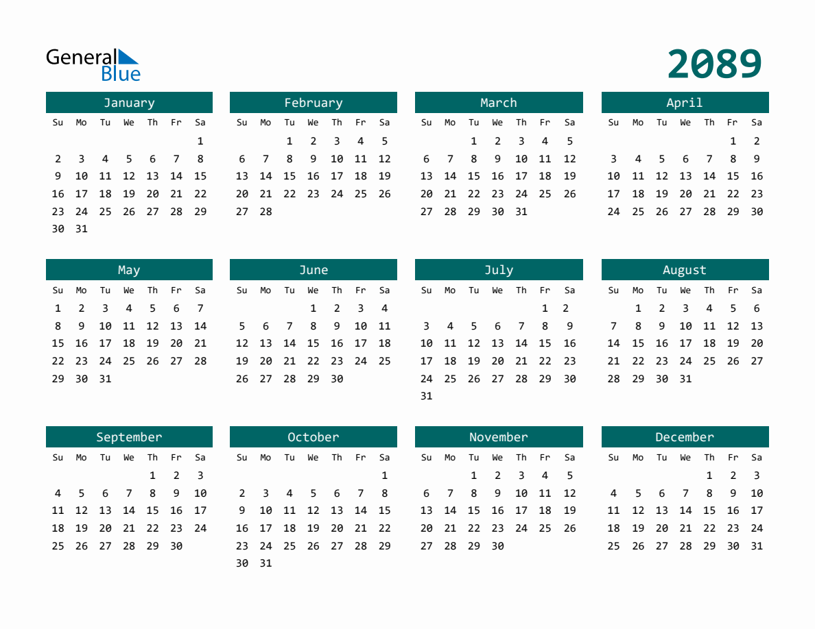 2089 Full-Year Calendar