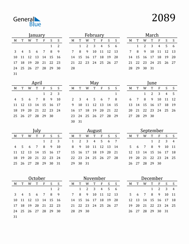 Free Printable Calendar 2089 with Monday Start