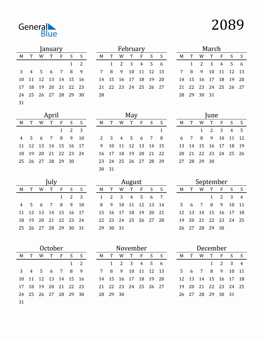 Year 2089 Free Printable 12-Month Calendar