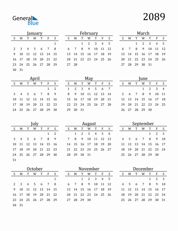 Free Printable Calendar 2089 with Sunday Start
