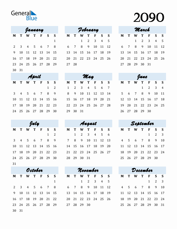 Calendar 2090 Free Download and Print