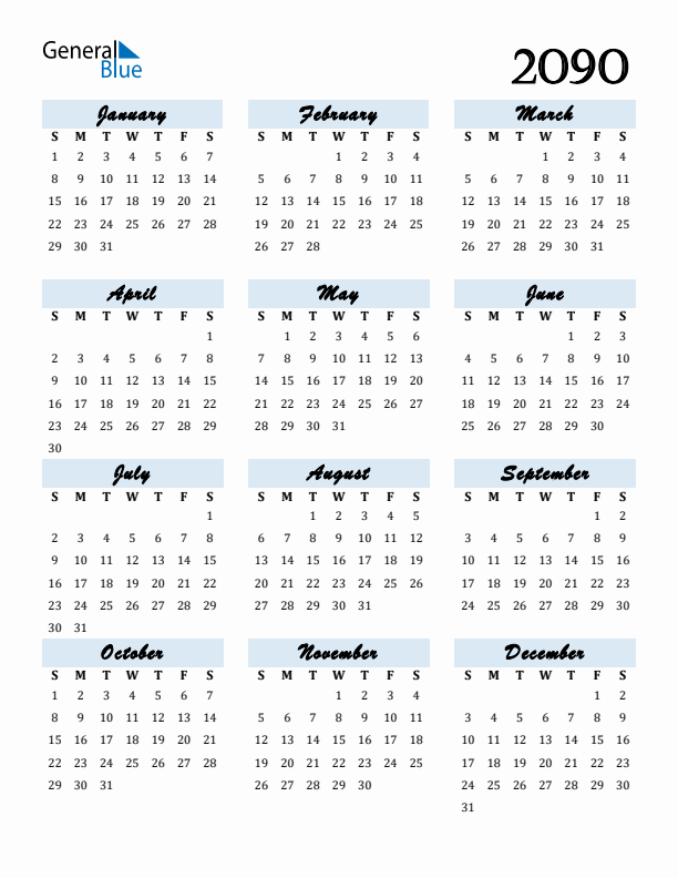 Calendar 2090 Free Download and Print