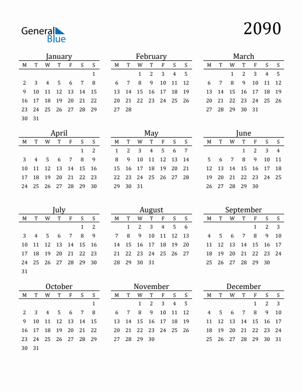 Free Printable Calendar 2090 with Monday Start