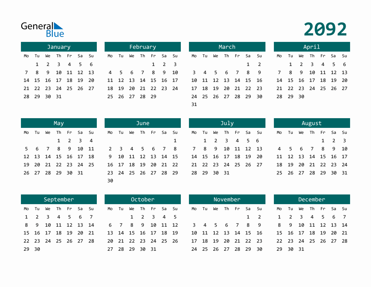 2092 Full-Year Calendar