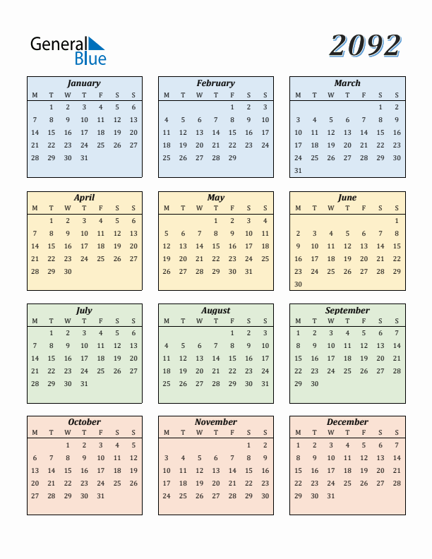 Calendar for 2092 (Monday Start)