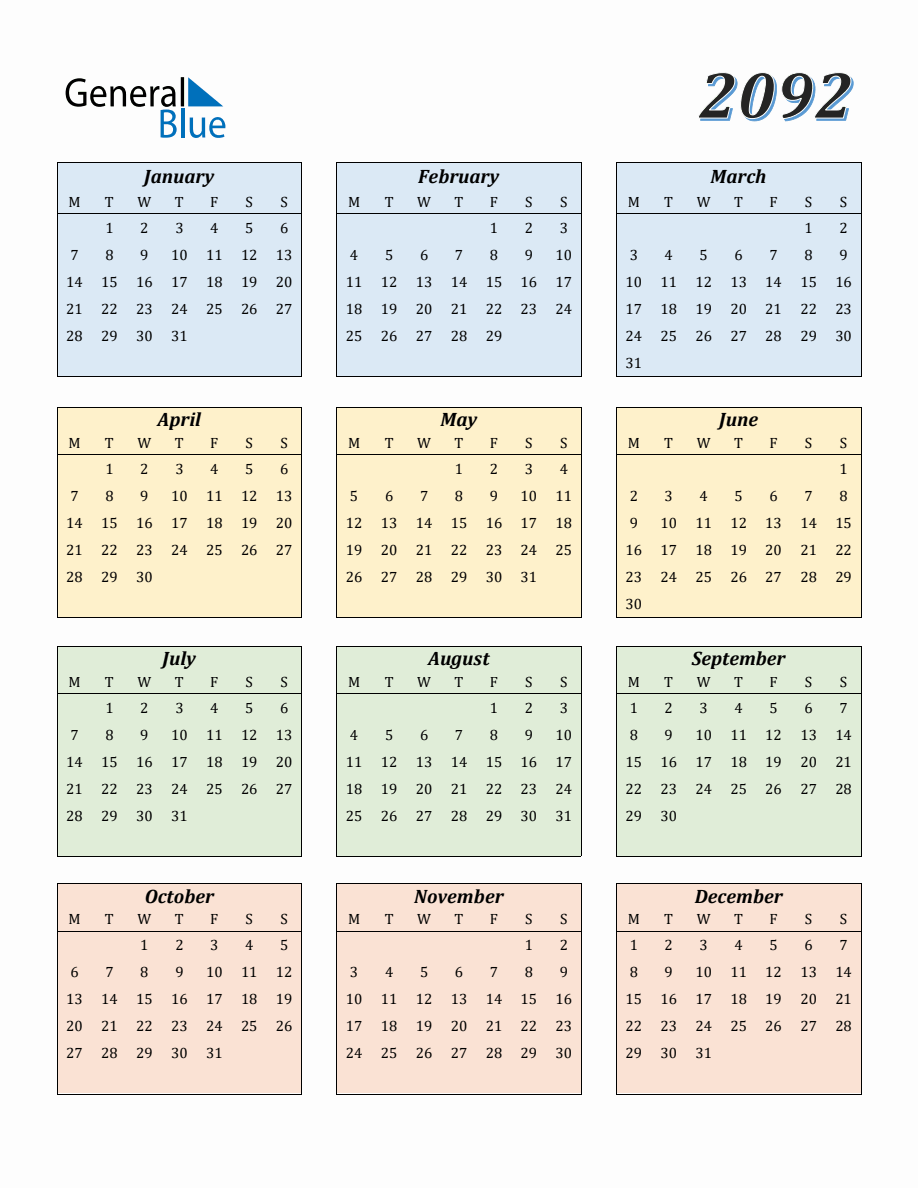 Calendar for Year 2092