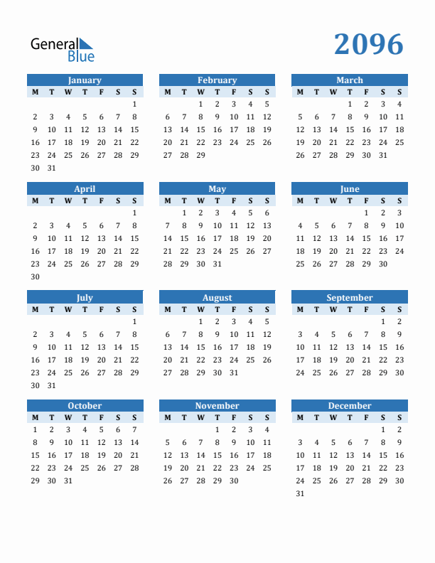 2096 Year Calendar with Monday Start