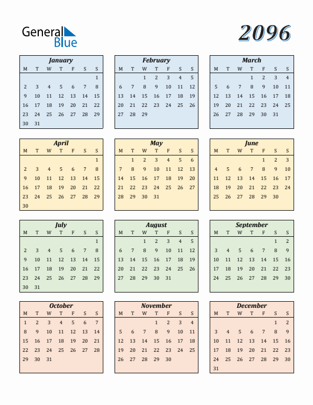 Calendar for 2096 (Monday Start)