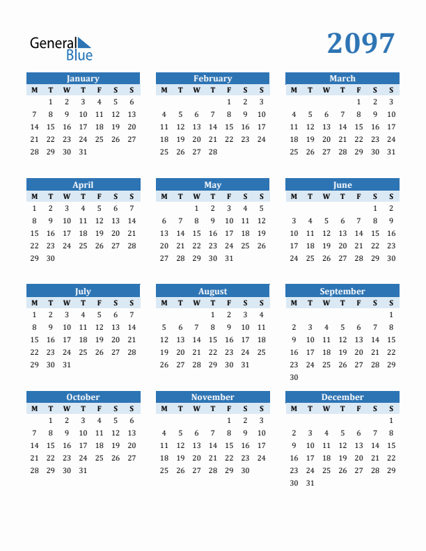 2097 Year Calendar with Monday Start