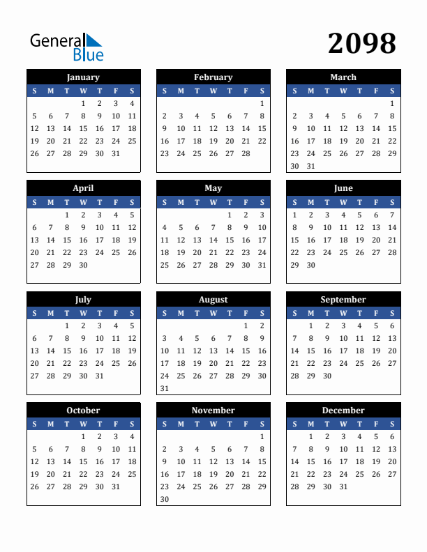 Editable Calendar 2098 - Sunday Start