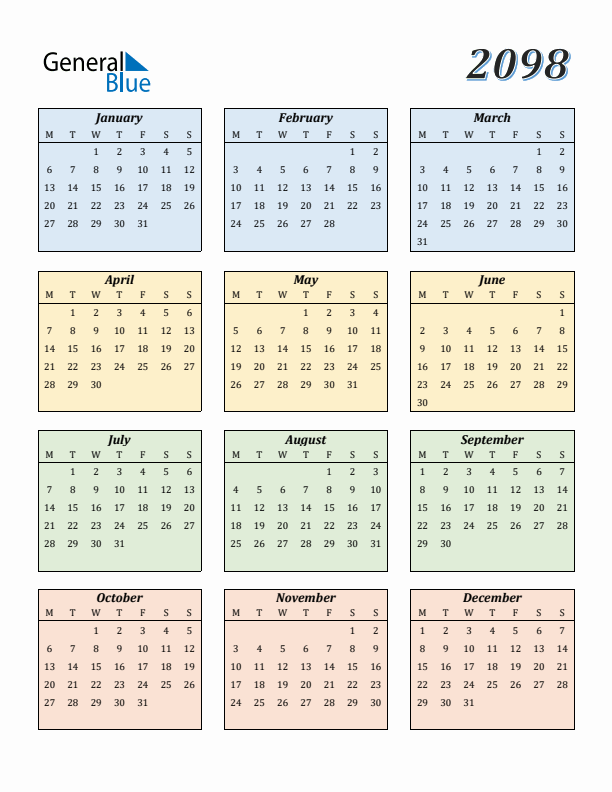 Calendar for 2098 (Monday Start)
