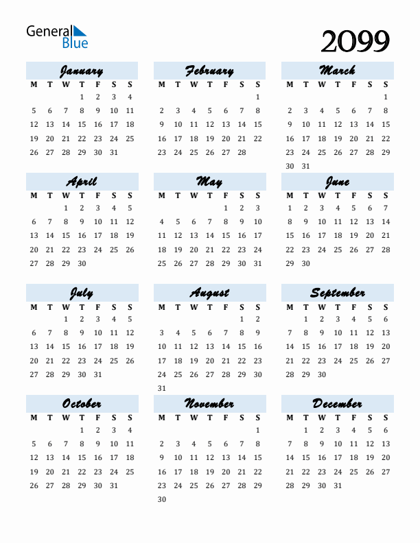 Calendar 2099 Free Download and Print