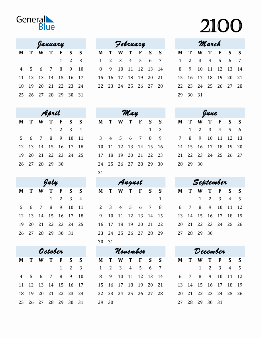 Free Downloadable Calendar for Year 2100