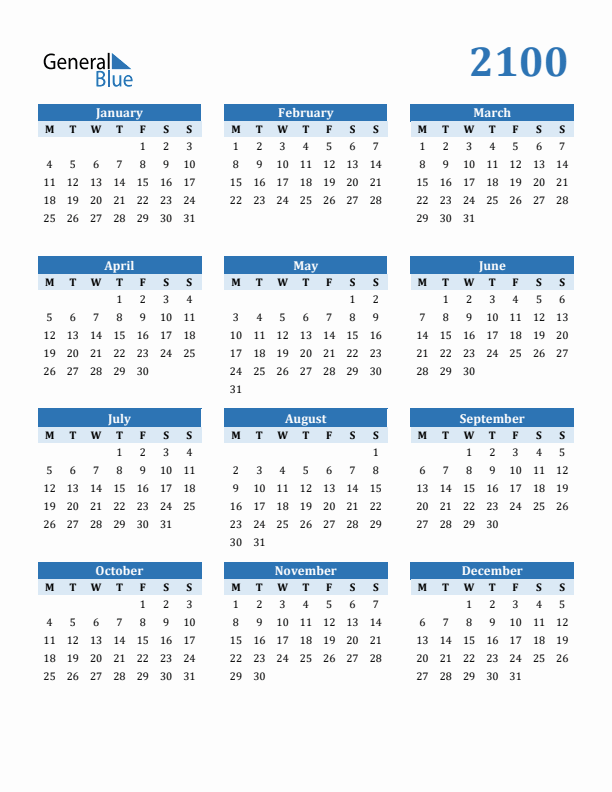 2100 Yearly Calendar Templates with Monday Start