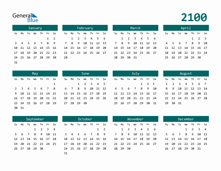 Free 2100 Calendars in PDF Word Excel