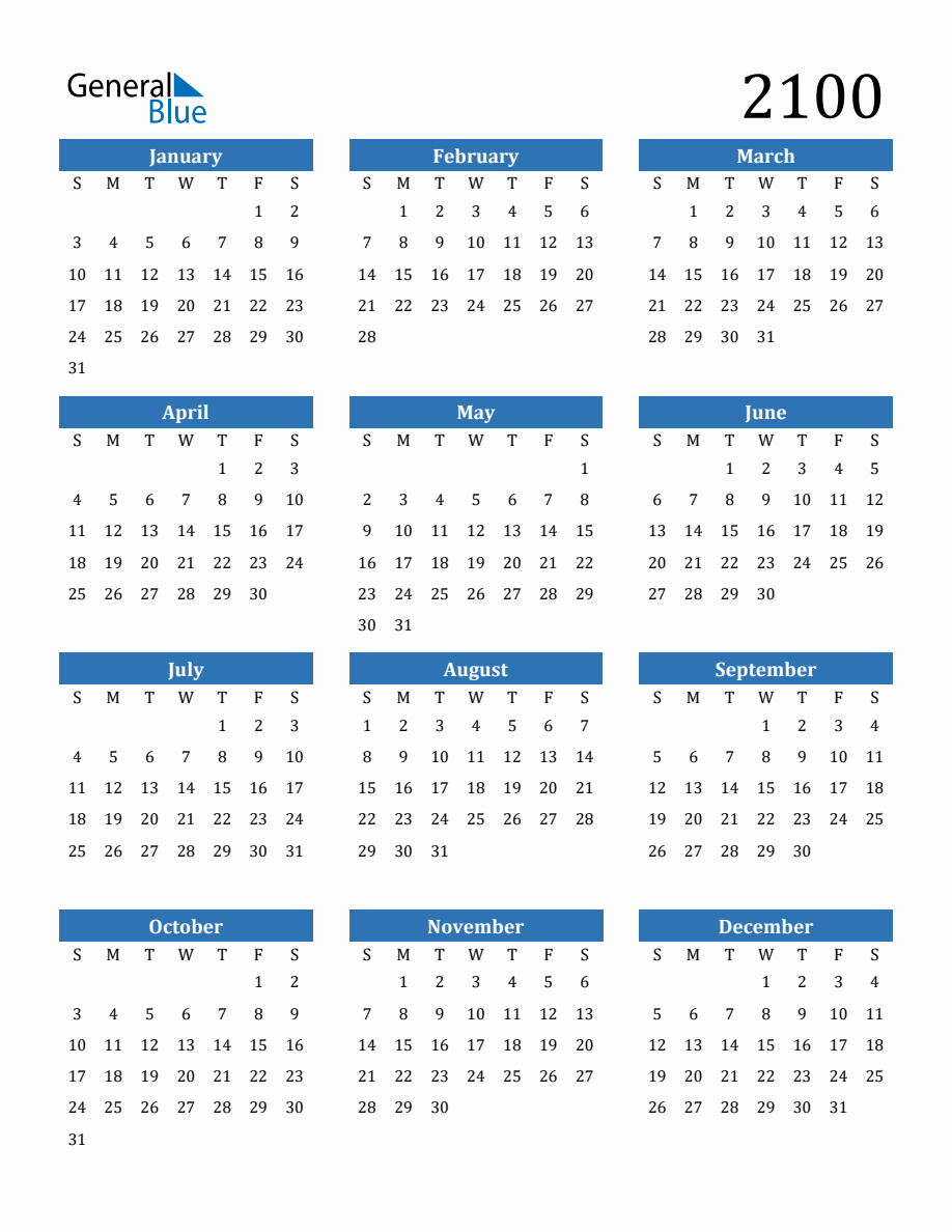 2100 Yearly Calendar